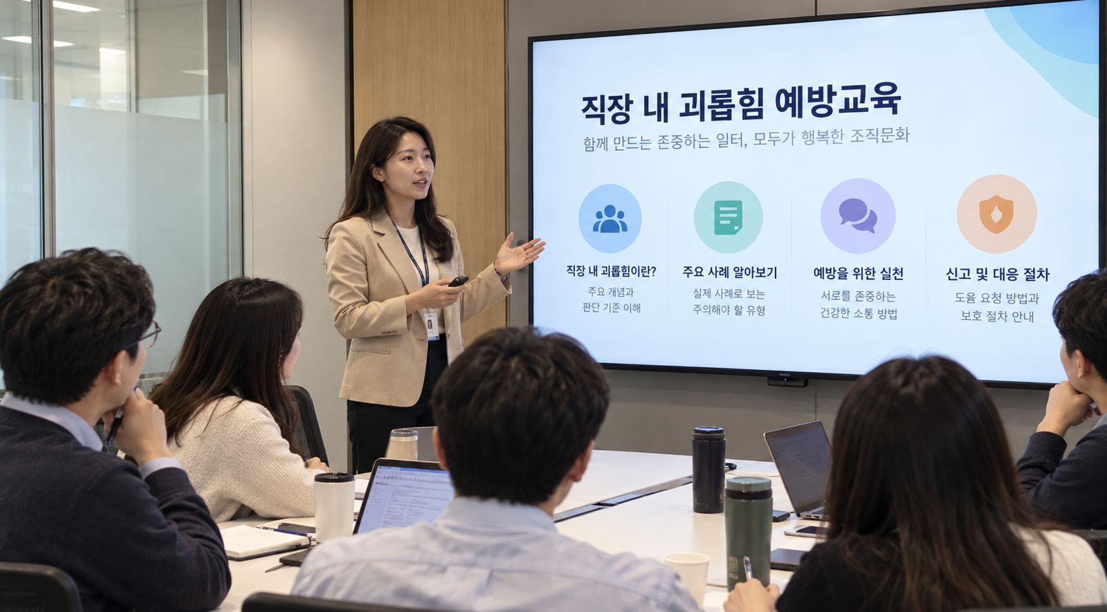 회의실에서 직장 내 괴롭힘 예방교육을 하는 장면