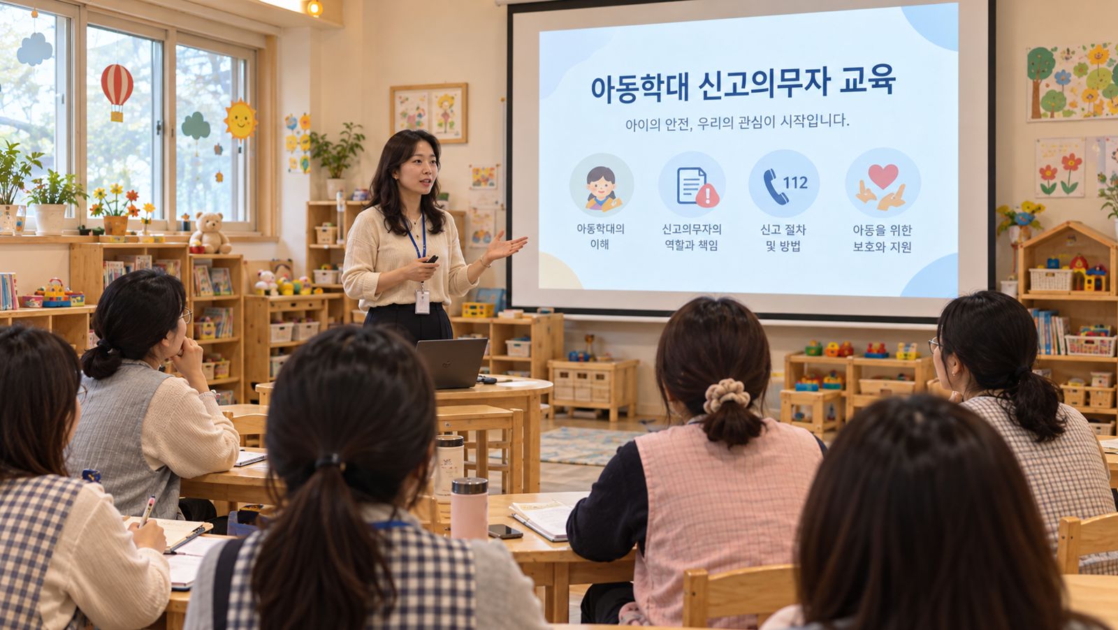 어린이집 교실에서 아동학대 신고의무자 교육을 하는 장면