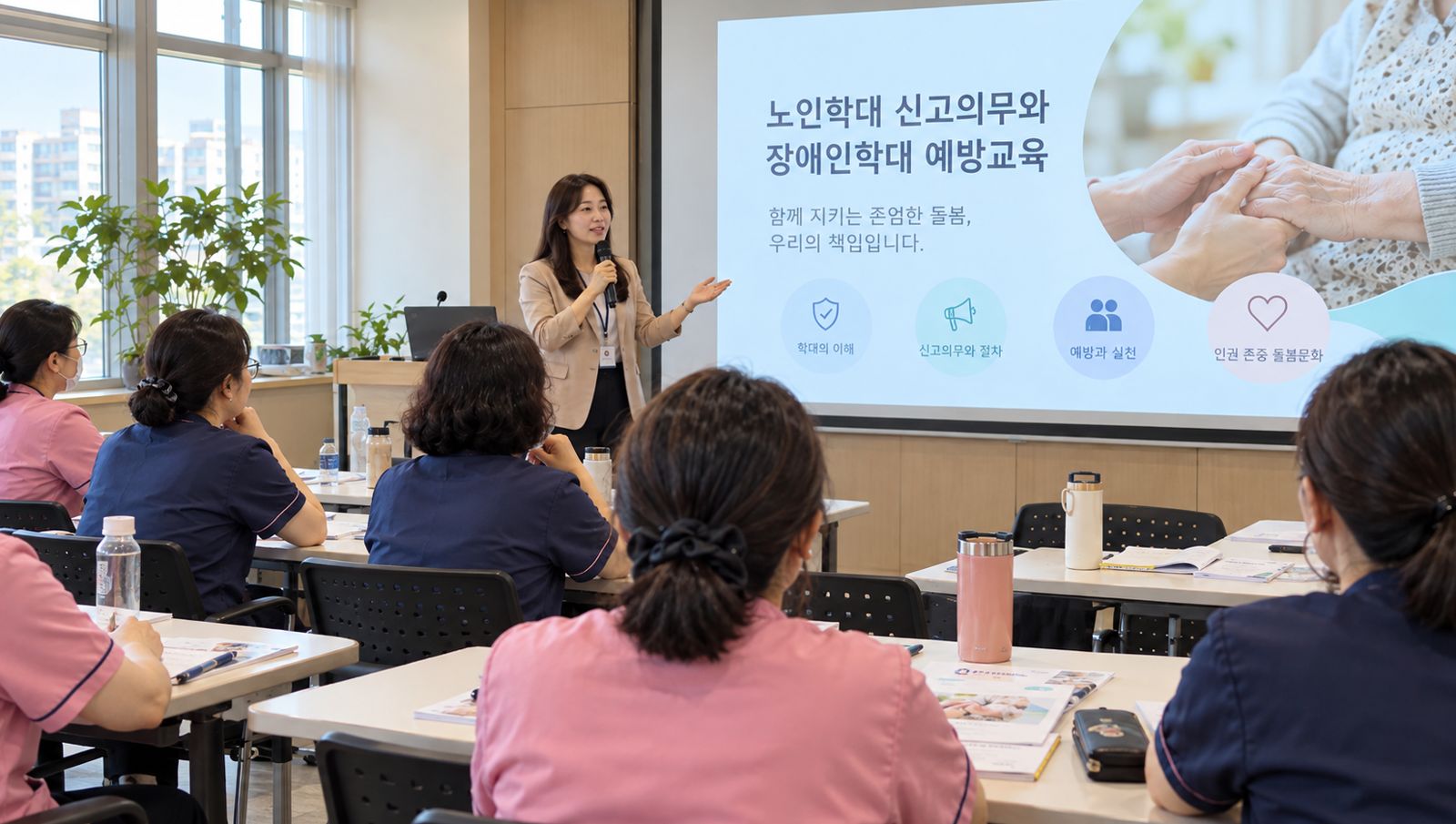요양시설 직원들이 노인학대 예방교육을 듣는 장면
